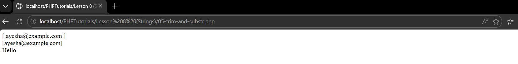 PHP strings trim output showing the email with and without surrounding spaces, and substr printing Hello