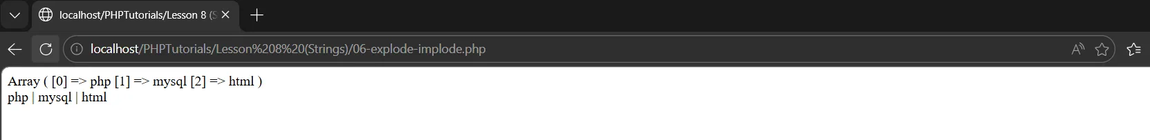 PHP strings with explode and implode: the text split into an array, then joined back with pipes