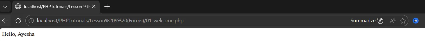 PHP forms output after a POST submit, printing Hello, Ayesha from the username field