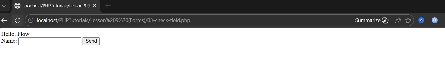 PHP forms using GET: the query and page values read from the URL and printed on the page