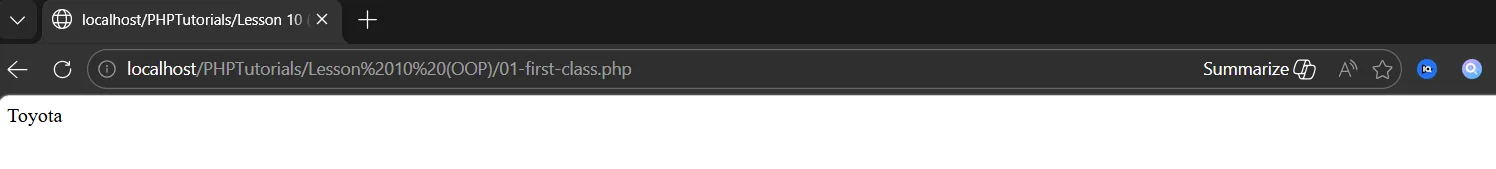 PHP OOP output: creating a Car object with new and printing its brand property, Toyota