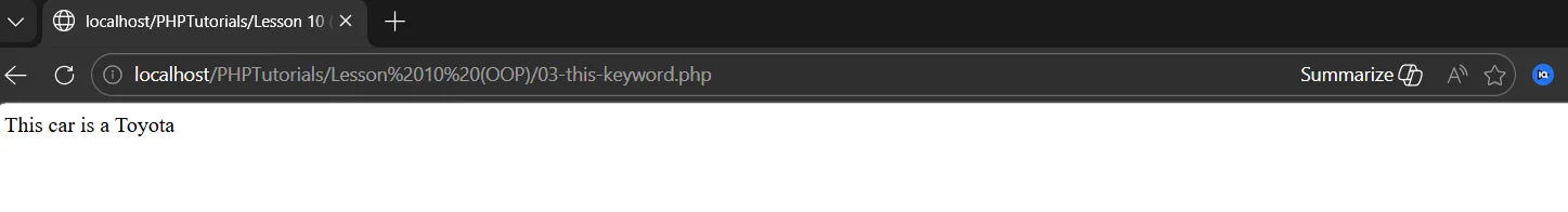 PHP OOP $this output: the method reads its own object's brand and prints This car is a Toyota