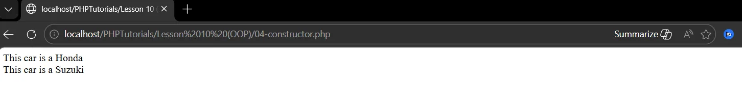 PHP OOP constructor output: two Car objects created with Honda and Suzuki, each keeping its own value
