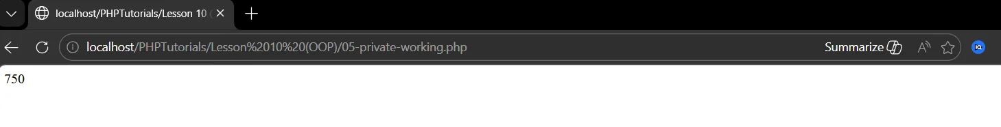 PHP OOP private property output showing a balance of 750 after two deposits through a public method