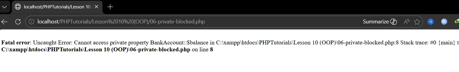 PHP OOP fatal error when reading a private property from outside the class