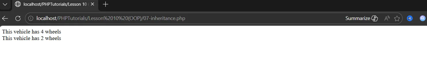 PHP OOP inheritance output: Motorcycle extends Vehicle and reports 2 wheels instead of 4