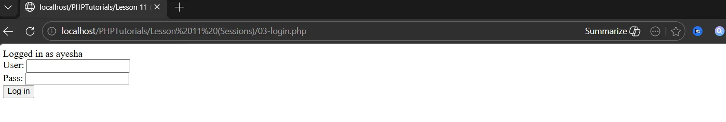 PHP sessions login gate output showing a successful log in as ayesha