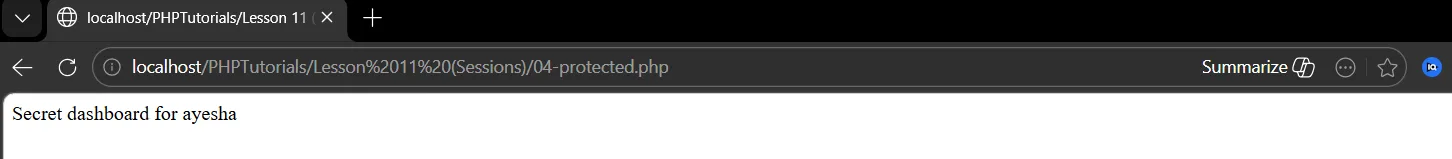 PHP sessions protected page showing the dashboard only because a session exists